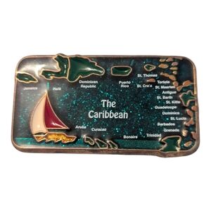 Vintage Copper Tone Metal The Caribbean Map Sailboat Refrigerator Fridge Magnet